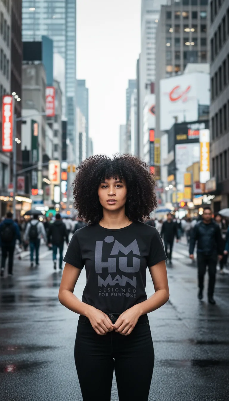 Model in the I’M HUMAN tee standing still on a busy city street