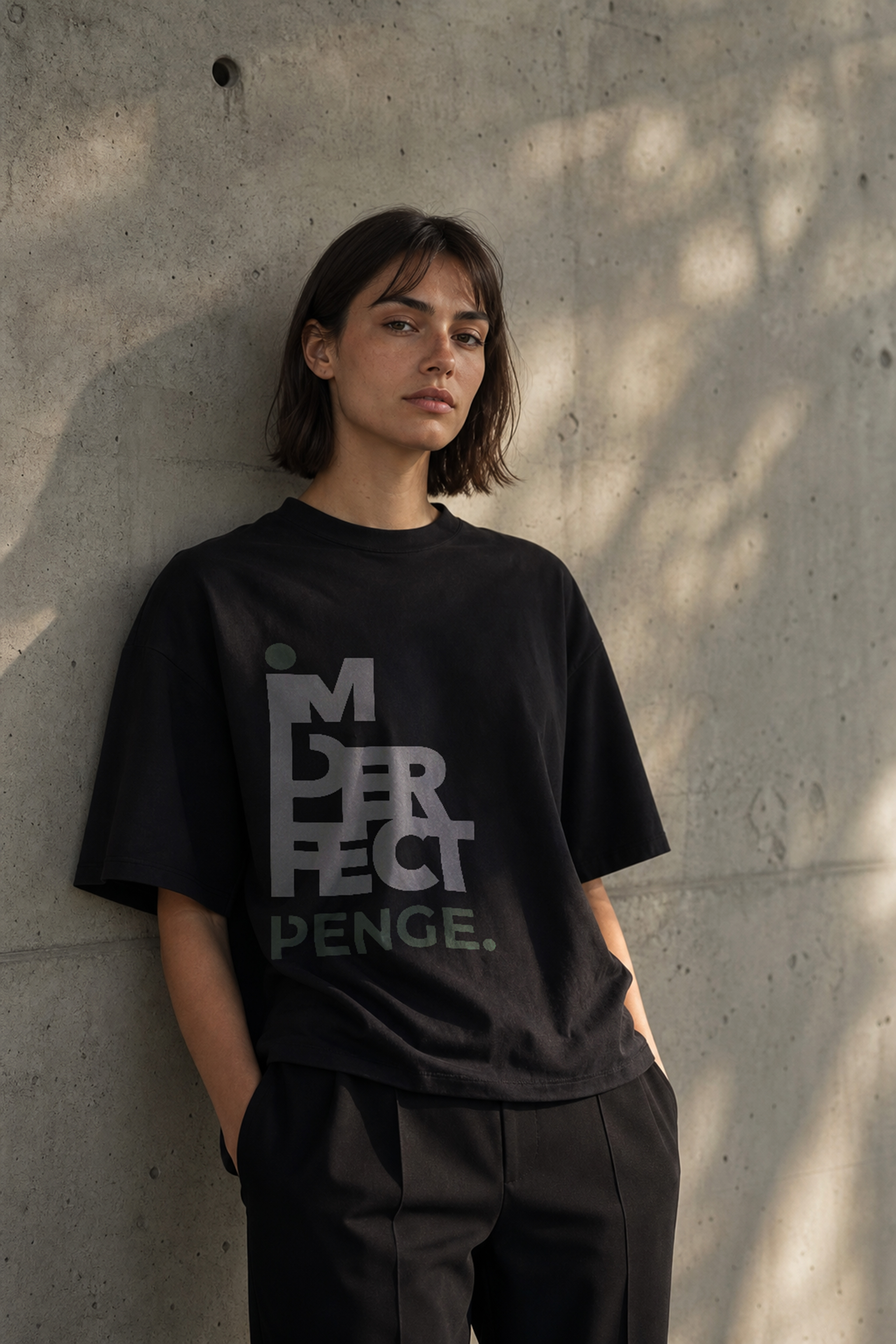 Model wearing the black IMPERFECT PENGE tee standing against a concrete wall with soft dappled light, shown in a minimalist editorial style with natural shadows and quiet, architectural tones.