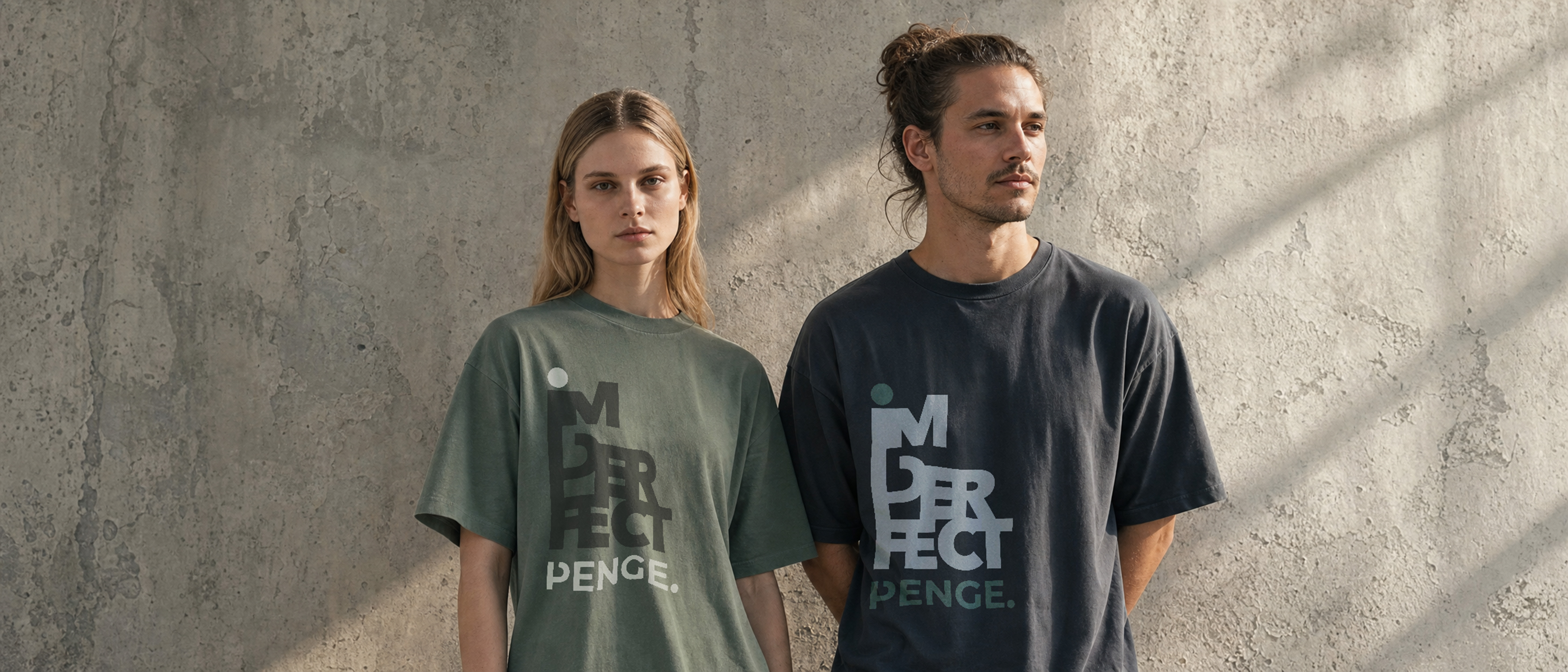 Two models wearing IMPERFECT PENGE tees standing against a textured concrete wall, shown in a minimalist editorial style with muted tones and quiet, architectural composition.