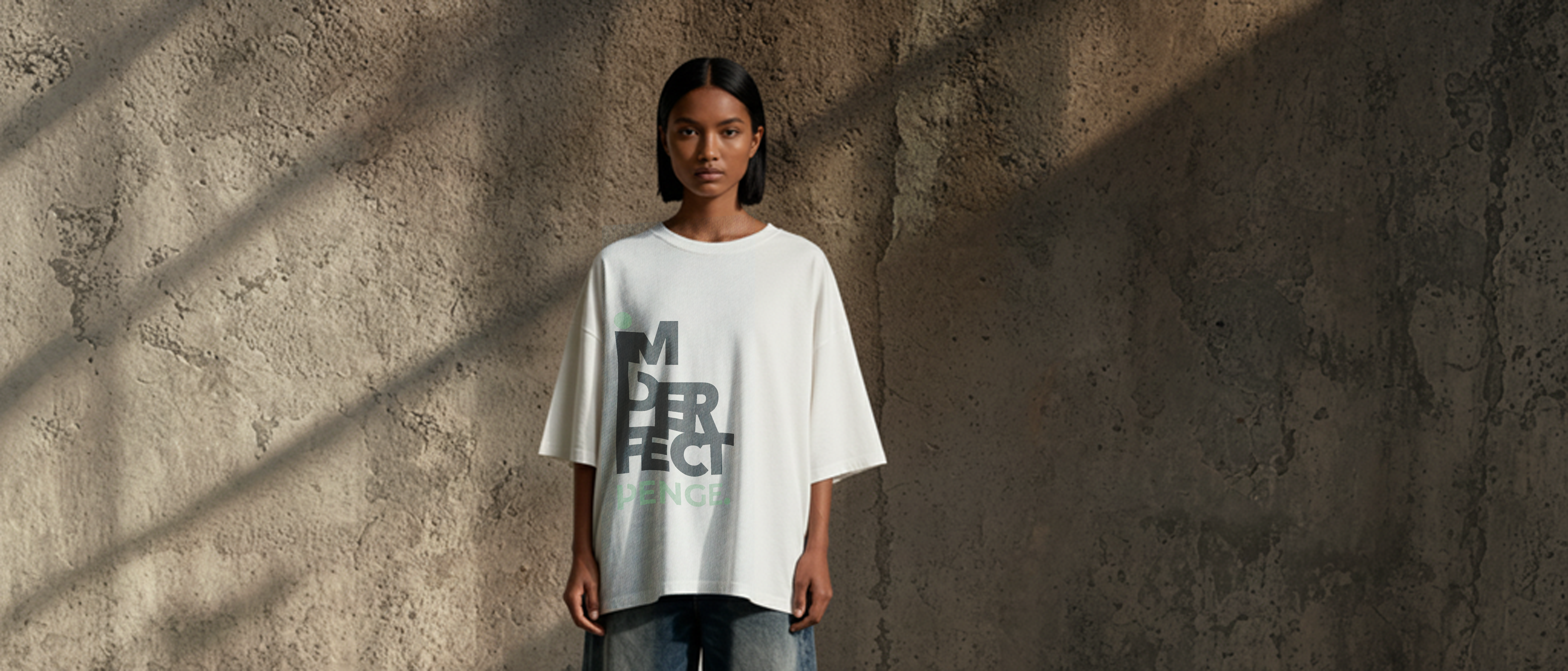 Model wearing the IMPERFECT PENGE tee standing against a textured wall, shown in a minimalist, quiet editorial style with natural shadows and soft, architectural tones.