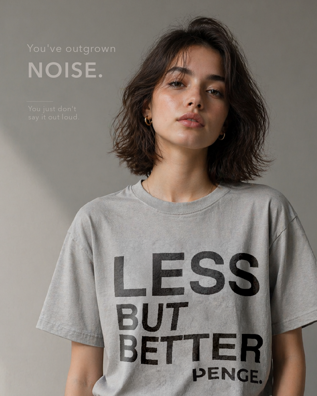 Model wearing the LESS BUT BETTER tee.