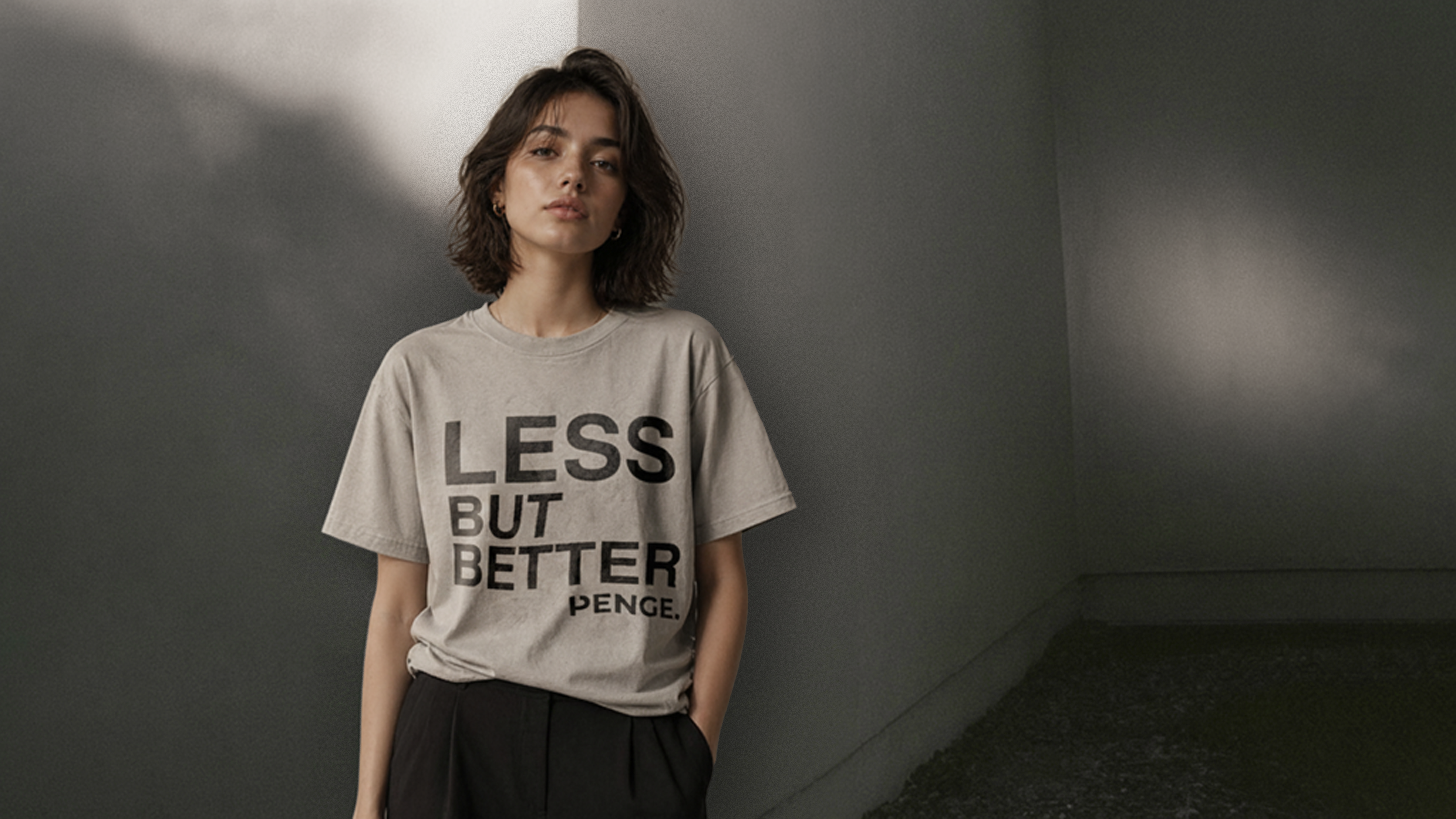 Model wearing the LESS BUT BETTER tee in an architectural setting.