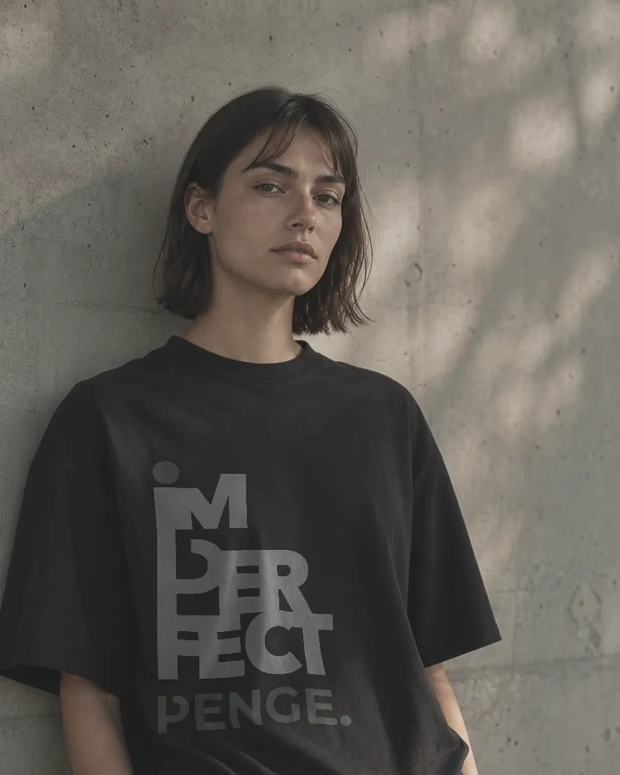 Model in the black IMPERFECT tee, leaning on a concrete wall in soft light